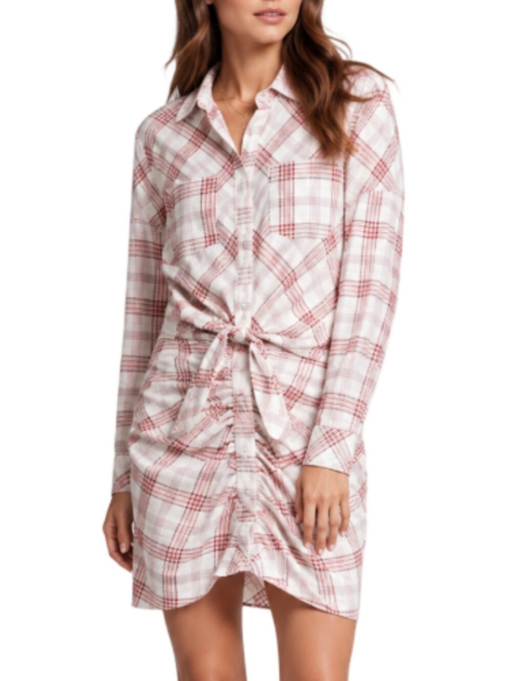 Veronica Beard Della Shirt Mini Dress Size 6 Plaid Tie Front Cream Red Ruched